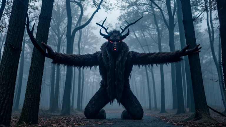 Woods, winter, night time, scary, long limbs, creature with horns, foggy, bloody.