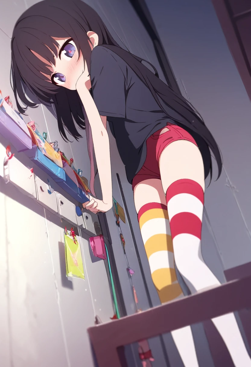 Black Hair, Long Hair, Cute Hips, lure, ,(Cotton shirt、hot pants、Striped thigh-high stockings), (Turn around and put your hands on the wall), Bend、BREAK Perfect Anatomy、highest quality、(cute:1.1)、(cute)、(High resolution:1.2)、Unbelievably absurd:1.3、Incredible illustrations、(cuteイラスト:1.2)、Beautiful background、(1 girl) 、solo)、(10th Generation、JK、、Small breasts:1.2)、slender、、、、Eye highlights、embarrassed、from below