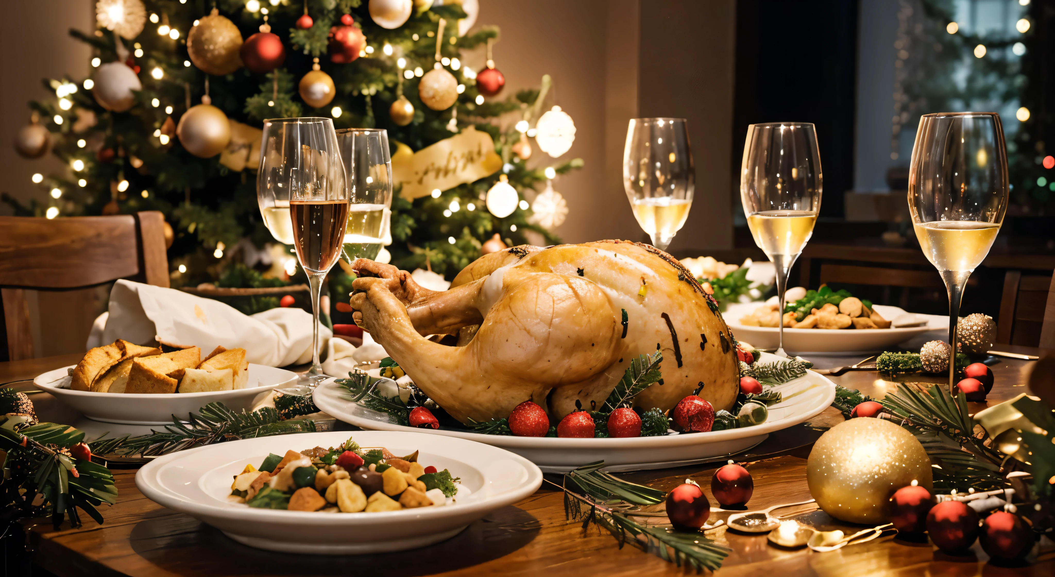 Christmas Dinner table full of dishes with food and snacks, New Year's decor with a Christmas tree on the background.