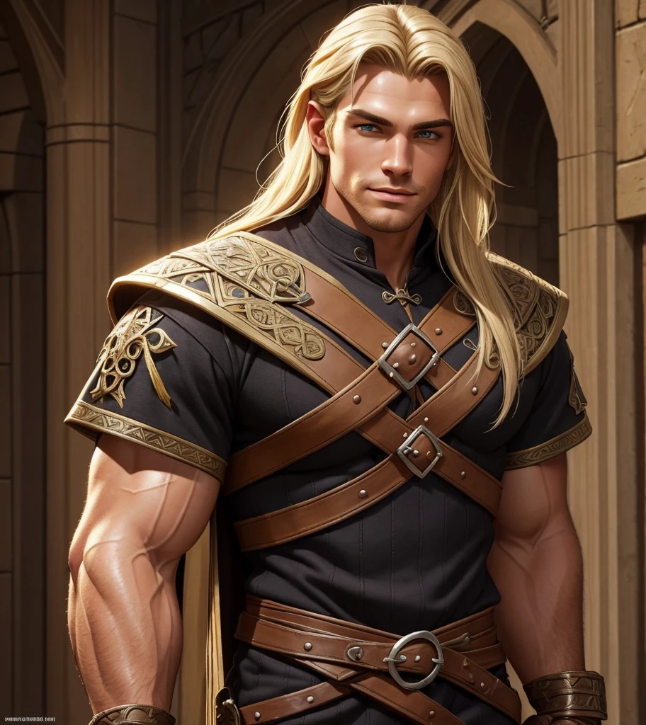 (((Solo character image.))) (((Generate a single character image.)))  (((Dressed in medieval fantasy attire.))) (((18 years old.))) (((18yo.))) (((Dressed in medieval fantasy attire.))) (((Body of a male fitness model.))) Cute guy. Hot guy.  (((Looks like Adonis.))) (((Dressed in medieval fantasy attire.))) (((Intense, sexy stare.))) (((Beautiful long sexy blond hair.)))  (((Beefcake body.))) Looks like a fun-loving and heroic male adventurer for Dungeons & Dragons. Looks like a very attractive male adventurer for a high fantasy setting. Looks like a handsome and rugged male adventurer for Dungeons & Dragons. Looks like a handsome male for a medieval fantasy setting. Looks like a Dungeons & Dragons adventurer, very cool and masculine hair style, black clothing, handsome, charming smile, adventurer, athletic build, excellent physique, confident, gorgeous face, gorgeous body,  detailed and intricate, fantasy setting,fantasy art, dungeons & dragons, fantasy adventurer, fantasy NPC, attractive male in his mid 20's, ultra detailed, epic masterpiece, ultra detailed, intricate details, digital art, unreal engine, 8k, ultra HD, centered image award winning, fantasy art concept, digital art, centered image, flirting with viewer, best quality:1.0,hyperealistic:1.0,photorealistic:1.0,madly detailed CG unity 8k wallpaper:1.0,masterpiece:1.3,madly detailed photo:1.2, hyper-realistic lifelike texture:1.4, picture-perfect:1.0,8k, HQ,best quality:1.0,, best quality:1.0,hyperealistic:1.0,photorealistic:1.0,madly detailed CG unity 8k wallpaper:1.0,masterpiece:1.3,madly detailed photo:1.2, hyper-realistic lifelike texture:1.4, picture-perfect:1.0,8k, HQ,best quality:1.0,