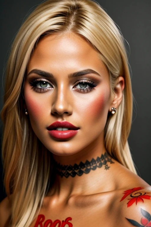 Chica rubia bronceada de labios rojos, con tatuajes 