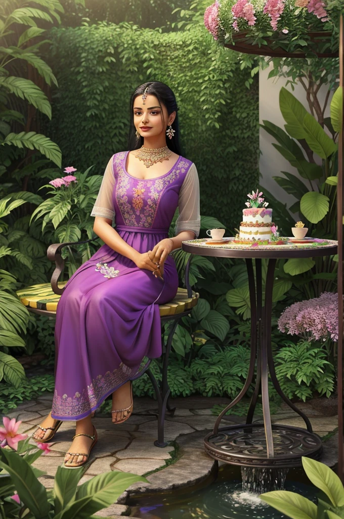 A 3D illustration of Rekha enjoying a serene morning in a lush garden, surrounded by colorful flowers and butterflies, with a gentle stream flowing by. She's seated at a wrought iron table, sipping tea from a delicate cup, with a small birthday cake that reads 'Rekha'