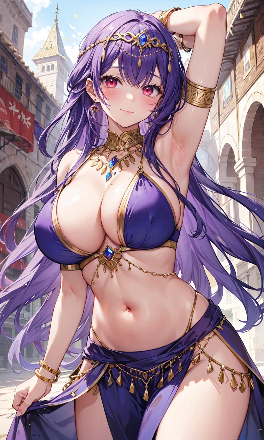 high quality, ultra detailed, best quality, insanely detailed, beautiful, masterpiece, 1girl, medieval plaza, cowboy shot, red eyes, long hair, purple hair, belly dancer, circlet, earrings, armlets, bracelets, bashful smile, large breasts, cleavage, soft stomach