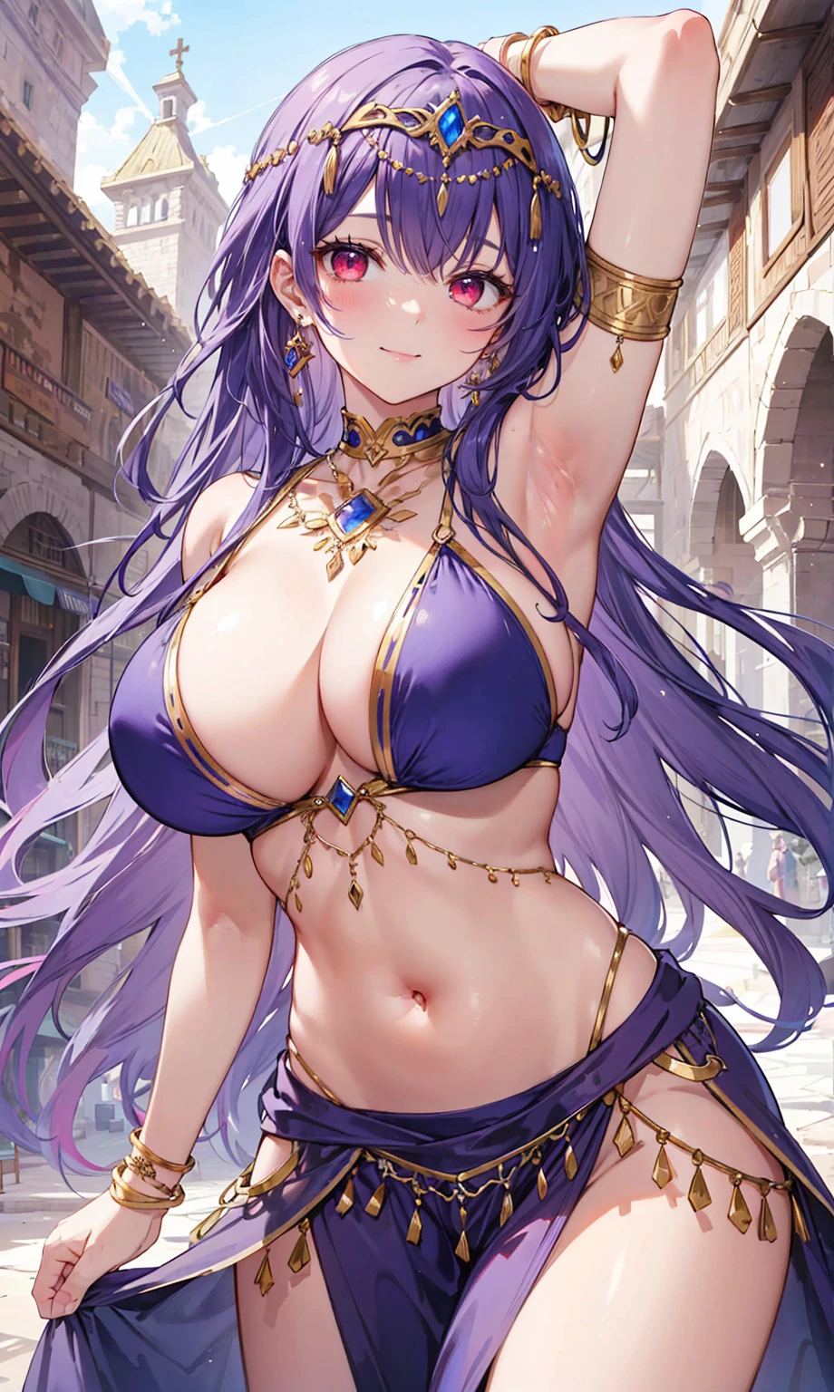 high quality, ultra detailed, best quality, insanely detailed, beautiful, masterpiece, 1girl, medieval plaza, cowboy shot, red eyes, long hair, purple hair, belly dancer, circlet, earrings, armlets, bracelets, bashful smile, large breasts, cleavage, soft stomach