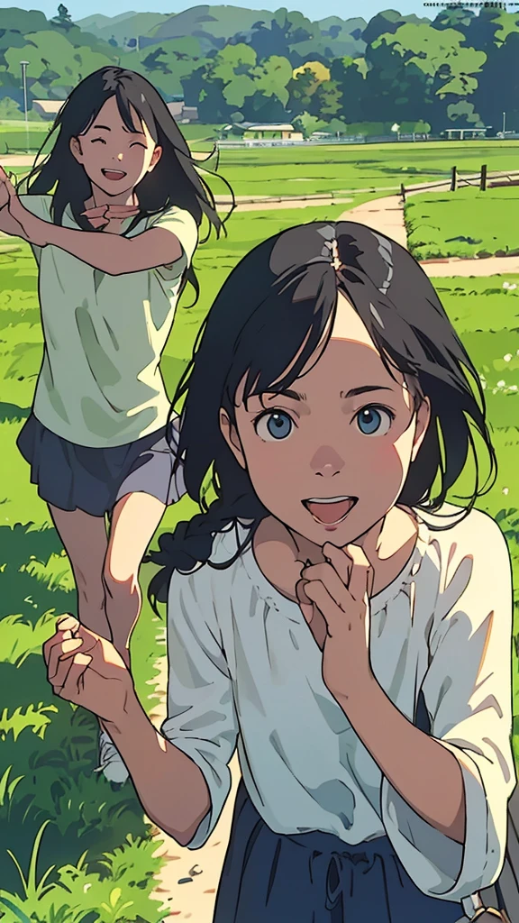 Reasonable design, Clear lines, High Sharpness, (highest quality,4k,Perfect sharpness,Ultra fine,High resolution,masterpiece:1.2), Perfect Anatomy:1.5, Official Art, Illustrations that tell a story, (Whitish background:0. 9)、Body Positivity、多Mr.な身体表現、(Random and energetic poses)、Perfect beauty、Perfect beautiful face、Strong winds、A rich expression、Dynamic composition、smile、Golden ratio composition、colorful、((Mr.々Different angles and perspectives))、Anime drawingini dress)、(Overcoming stereotypes)、 Glowing Skin、(Natural beauty)、smile、Bangs、(Soft and flowing hair)、(countryside)、(Nostalgic atmosphere)、Put up to your feet、(Playful and carefree)、(多Mr.な民族のキャラクター)、(innocent attitude)、(Sunny atmosphere)、(The skirt flutters wildly in the wind)、(Bright colors)、Beautiful Eyes、(Embarrassing)、Braided Hair、Summer Scene、