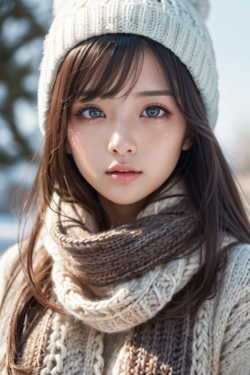 one girl, (a beauty girl, delicate girl:1.3), (22 years old:1.3),
break, (scarf, Knitted hat:1.3),
break, Definition of very fine particles, (Symmetrical eyes:1.3),
break, (Snow Scene:1.3),
break, Small , Parted bangs, Brown Hair, girl,
break, (Eye and facial details:1.0),
break, (masterpiece, highest quality, Very detailed, Detailed face, 8k)、Open your mouth a little、Look Up、High angle、Drooping eyes、freckles
