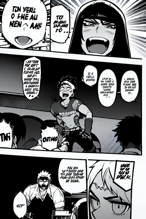 En un bar de estilo manga/anime, lleno de personas animadas, se lleva a cabo una feroz batalla de freestyle en el escenario entre dos rivales: un joven con corte de cabello estilo ninja y barba, y otro calvo y atractivo. The scene includes several dynamic shots.