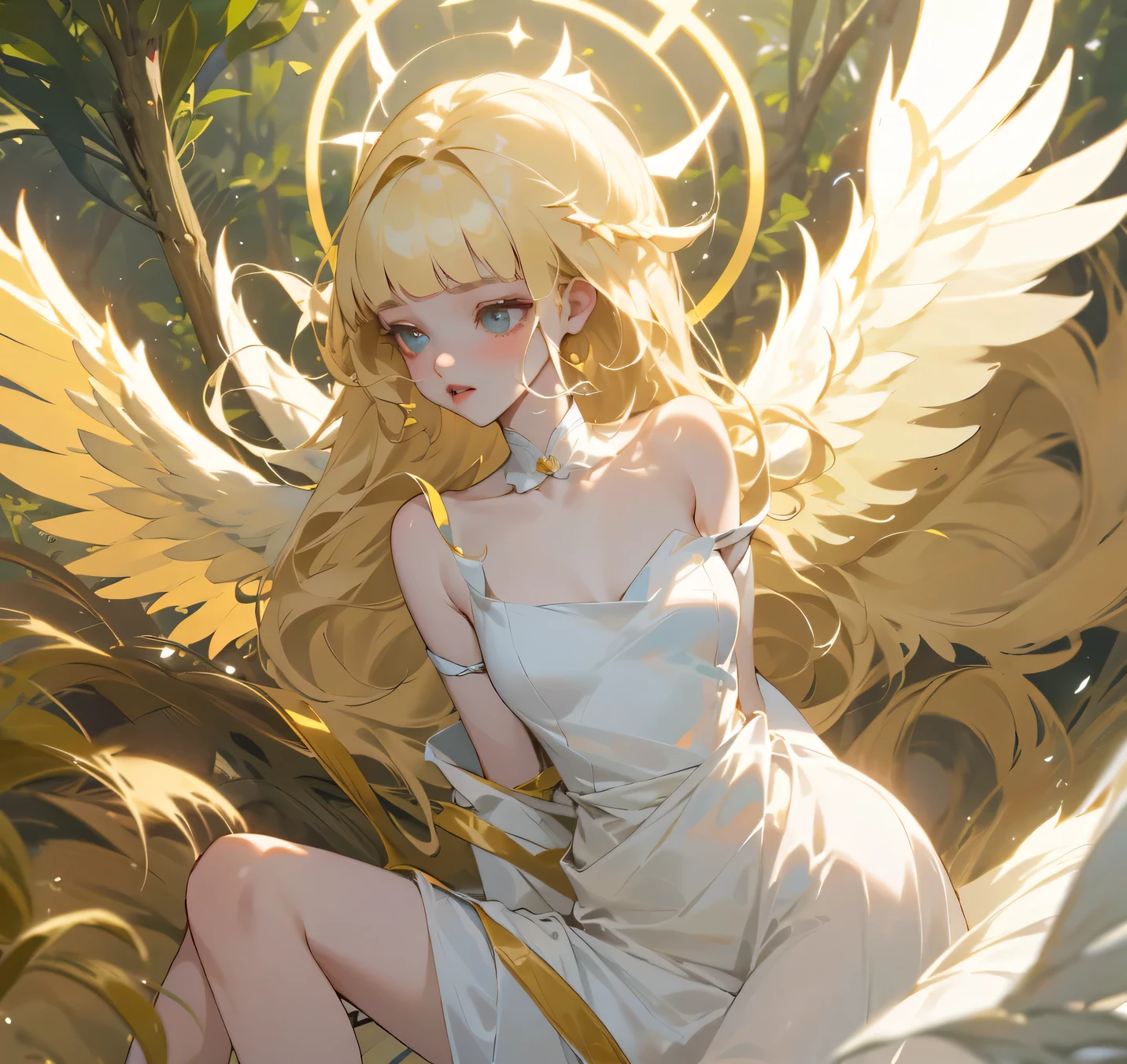 (High quality) (best quality) (A woman) (correct physiognomy) woman, long blonde hair with bangs on her forehead, four small angel wings coming out of her head, two on the left side and two on the right side, two angel wings coming out of her back, a golden halo behind her head, golden eyes, sensitive lips, middle aged, white dress with straps on the shoulders, skirt cut diagonally leaving one leg exposed, location of the photo the woman must being in the middle of the forest, photo lighting sunlight, full body proportion, showing in the photo the body from head to torso