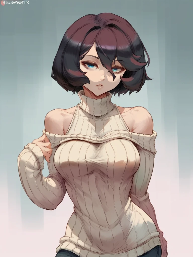 cutesexyrobutts style, solo, hair_over_one_eye, sweater, short_hair, 1girl, brown_hair, turtleneck, looking_at_viewer, black_sweater, parted_lips, bare_shoulders, turtleneck_sweater, off_shoulder, ribbed_sweater, blue_eyes, sleeves_past_wrists, grey_eyes, cowboy_shot