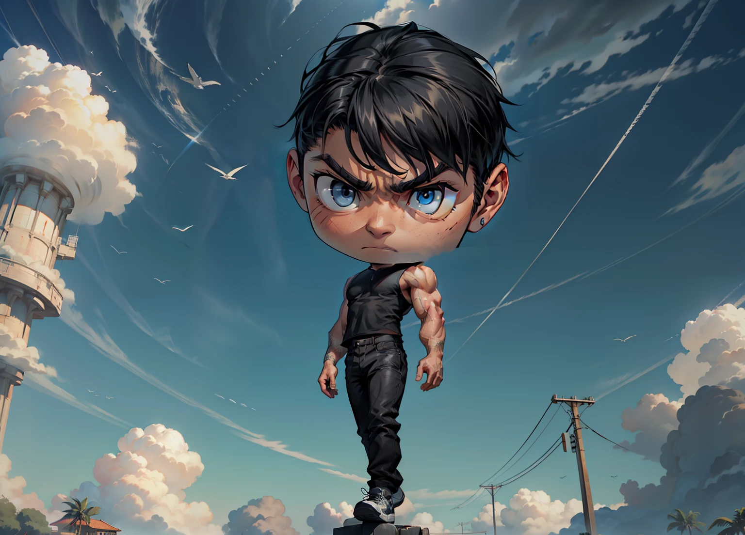 1boy, 26 Years old, Serious face, high-cut black hair, muscular, bulky, black shirt, sleeveless, ((black long trousers)), blue sky, cloud