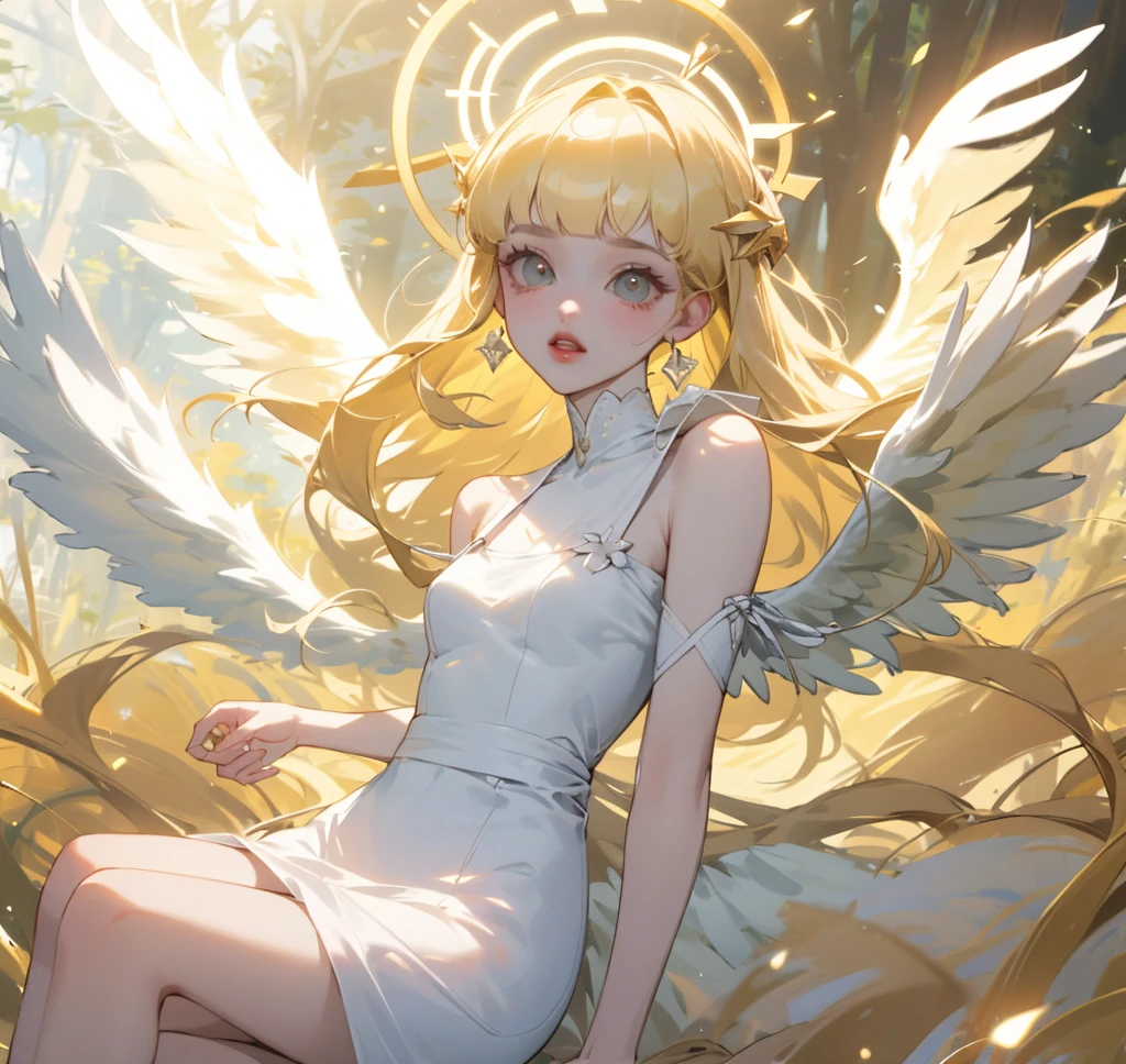 (High quality) (best quality) (A woman) (correct physiognomy) woman, long blonde hair with bangs on her forehead, four small angel wings coming out of her head, two on the left side and two on the right side, two angel wings coming out of her back, a golden halo behind her head, golden eyes, sensitive lips, middle aged, white dress with straps on the shoulders, skirt cut diagonally leaving one leg exposed, location of the photo the woman must being in the middle of the forest, photo lighting sunlight, full body proportion, showing in the photo the body from head to torso