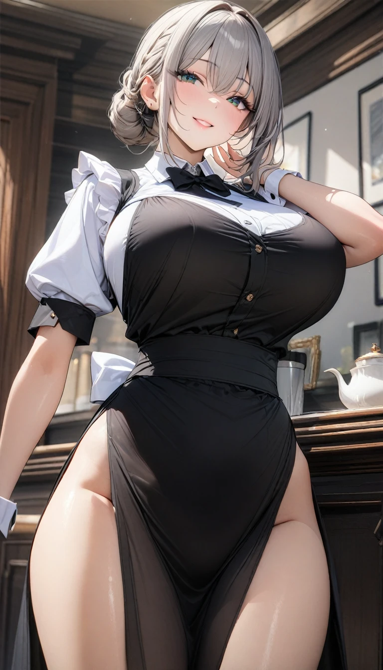 ((最high quality, 8k, masterpiece)), High resolution、（high quality: 1.5）、Very detailed、Detailed face、Bright colors、Natural light、Fine grain、Colorful eyes、Beautiful Face、非常にDetailed faceのテクスチャの女性,masterpiece, 最high quality, Detailed and beautiful eyes,最high quality、Best image quality、masterpiece、Mr.々Hairstyle,girl,(Gray Hair),Just beautiful、smile,From below,masterpiece、最high quality、Big Breasts,mature female,so beautiful、High resolution,(Rich:1.3),(noble:1.3),1 person,Thighs,(Maid:1.3),clear,make,(nobleの館:1.3),(smile)、smile,(masterpiece:1.2)、(最high quality:1.2)、Latest Glossy Skin