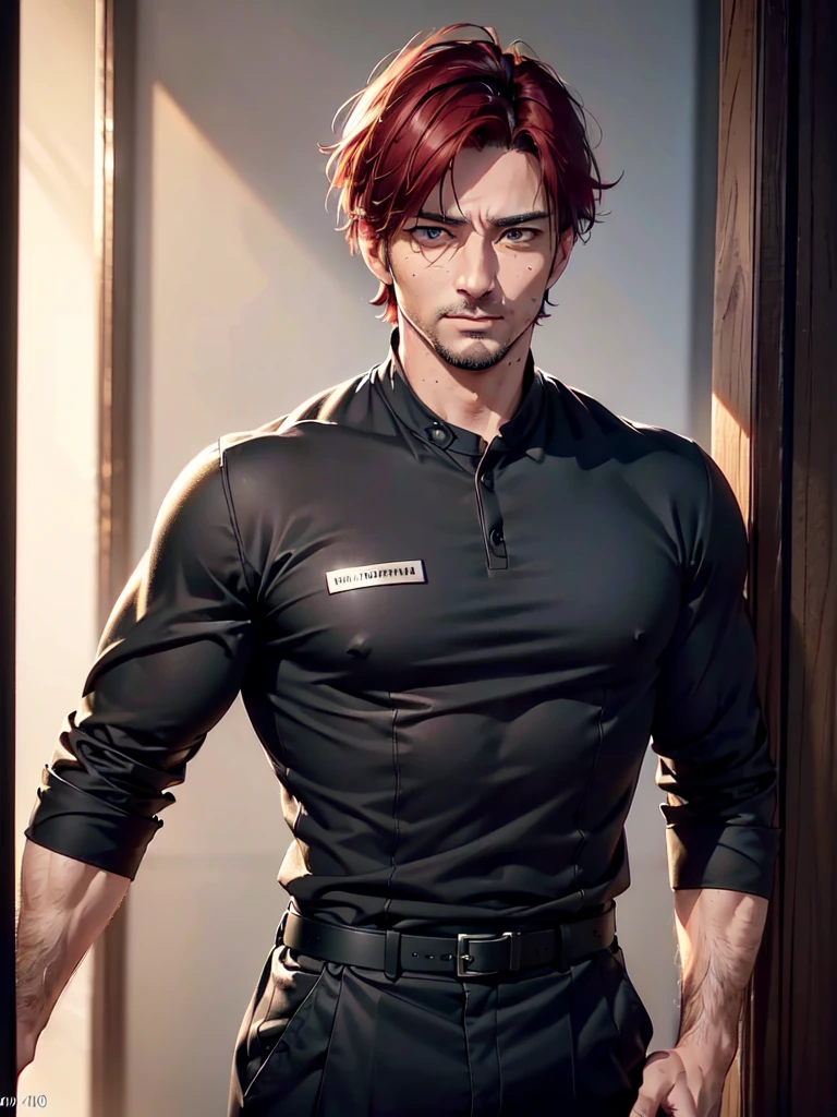 a 40 year old man (red short hair:1.0), grey eyes, moles all over the face, wearing an official uniform, masculinity, teacher, (best quality,4k,8k,highres,masterpiece:1.2),ultra-detailed,(realistic,photorealistic,photo-realistic:1.37),cinematic lighting,highly detailed face and body,sharp focus,vivid colors,anime style