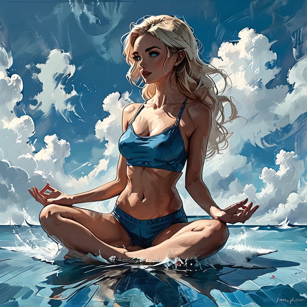 
((side view)), girl sitting on the surface of the water against the background of clouds, open mouth, surprise,
 sitting on the water, side view girl sits in the lotus position, cloud, sea line, only water and clouds,
girl in blue Half top wrestler and blue Elastic shorts look at the side, adult, [Nordic], Hourglass elongated fitness body, perfect Olive skin, Oval Face, Long neck, Rounded shoulders, perfect hand,  Attached Pointed ears, round forehead, Short blonde Waves pixie hair, snub nose, Arched eyebrows, Monolid blue Eyes, High Round Narrow cheekbones, Dimpled Cheeks, Rounded Chin, Rounded Jawline, Fine Puppet Wrinkles, Full nude Lips, (blue eyes), Nude Makeup Look, long eyelashes,  third breast size,  
 graphic style of novel comics, 
2d, 8k, iMax, hyperrealism, masterpiece, high resolution, best quality, ultra-detailed, super realistic, Hyperrealistic art, high-quality, ultra high res, highest detailed, lot of details, Extremely high-resolution details, incredibly lifelike, colourful, 