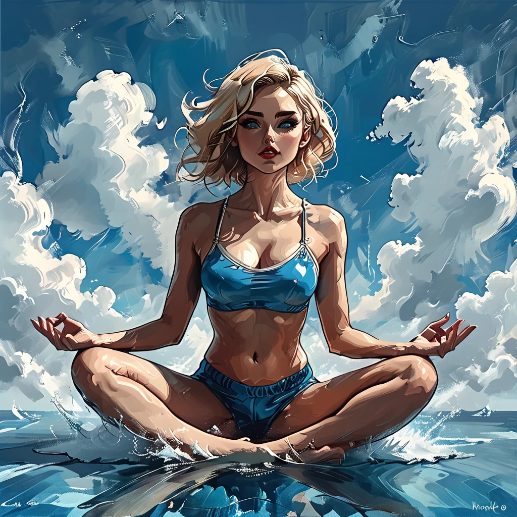 
((side view)), girl sitting on the surface of the water against the background of clouds, open mouth, surprise,
 sitting on the water, side view girl sits in the lotus position, cloud, sea line, only water and clouds,
girl in blue Half top wrestler and blue Elastic shorts look at the side, adult, [Nordic], Hourglass elongated fitness body, perfect Olive skin, Oval Face, Long neck, Rounded shoulders, perfect hand,  Attached Pointed ears, round forehead, Short blonde Waves pixie hair, snub nose, Arched eyebrows, Monolid blue Eyes, High Round Narrow cheekbones, Dimpled Cheeks, Rounded Chin, Rounded Jawline, Fine Puppet Wrinkles, Full nude Lips, (blue eyes), Nude Makeup Look, long eyelashes,  third breast size,  
 graphic style of novel comics, 
2d, 8k, iMax, hyperrealism, masterpiece, high resolution, best quality, ultra-detailed, super realistic, Hyperrealistic art, high-quality, ultra high res, highest detailed, lot of details, Extremely high-resolution details, incredibly lifelike, colourful, 