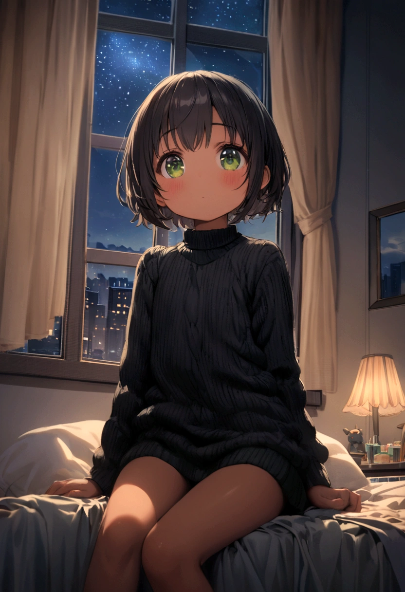 loli, short hair, dark hair, tan, green eyes, black sweater, bare legs, Sitting on the bed looking at the window, it's night, The night is full of bright stars, From the window you can see buildings with their windows open, Your room is tidy,