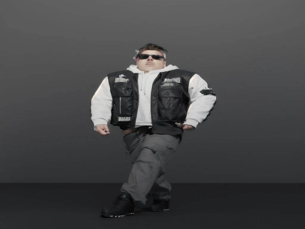 young man in black vest and sunglasses standing in studio, with rock island hoodie, outfit: white hoodie with black vest, full body photo very detailed, model wearing Caspian Motorcycle Club vest, highly detailed character, 3d rendering of jerma 9 8 5, bad guy cyberpunk streets, get dressed! highly detailed casual streetwear