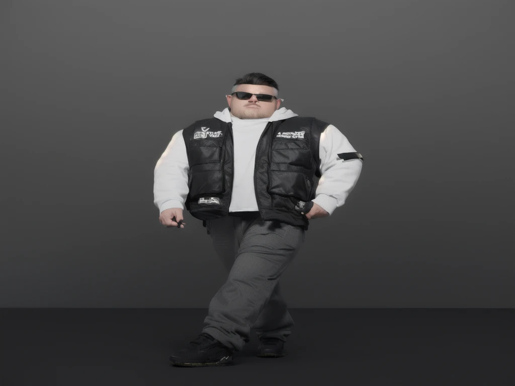young man in black vest and sunglasses standing in studio, with rock island hoodie, outfit: white hoodie with black vest, full body photo very detailed, model wearing Caspian Motorcycle Club vest, highly detailed character, 3d rendering of jerma 9 8 5, bad guy cyberpunk streets, get dressed! highly detailed casual streetwear