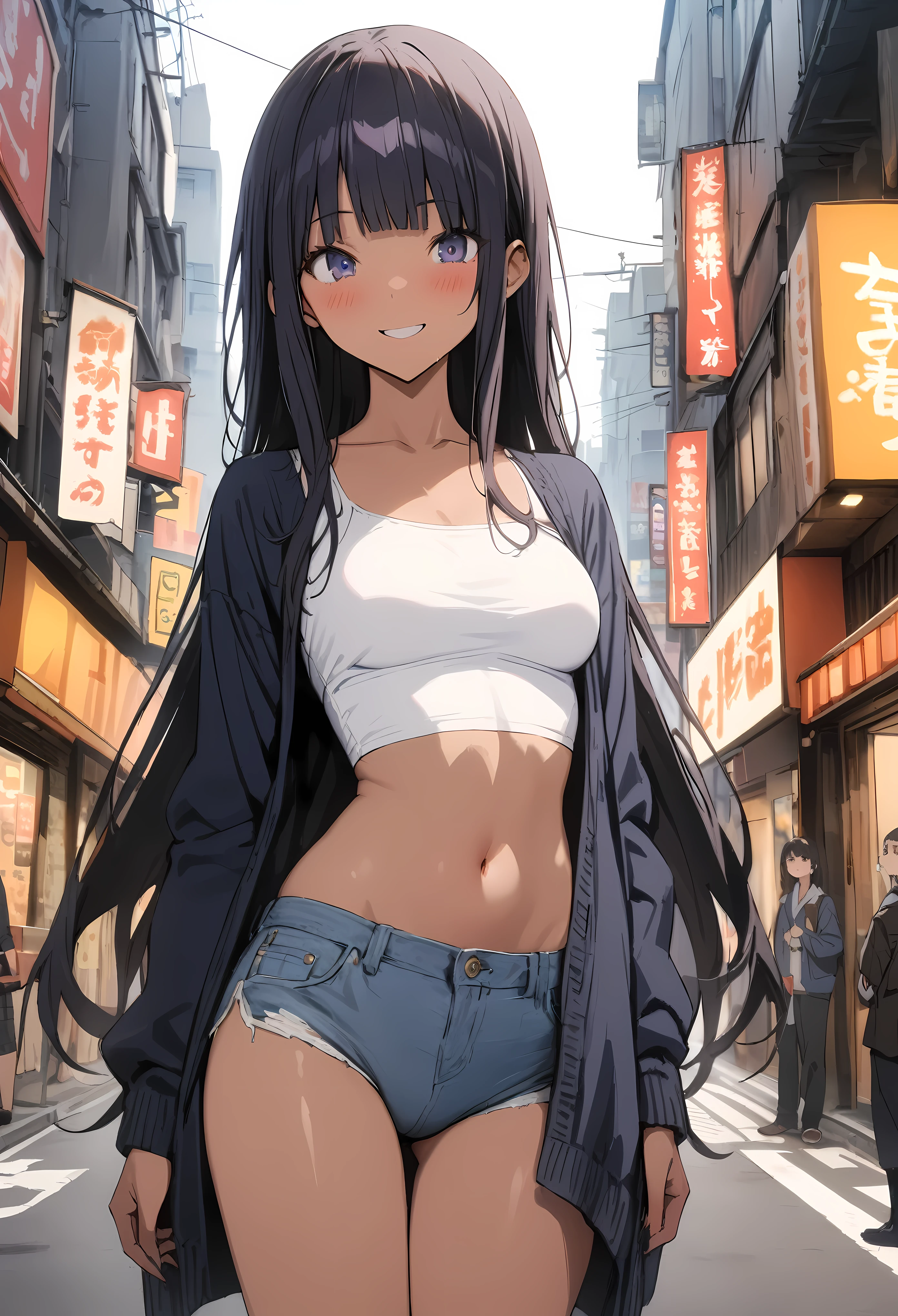 (((masterpiece, highest quality:1.3,Absurd))),25 year old beauty,alone,((very small head:1.2)),Long Hair,bangs,Dark blue hair,Dark blue eyes,Gorgeous eyes,blush,smile,Medium chest,((Very long body:1.2)),((Toned body,Slender body)),skinny,Sunburn,Glowing Skin,Shiny skin,((Denim hot pants)),((Dark Blue Cardigan、White tube top,belly button)),on the road,Tokyo、