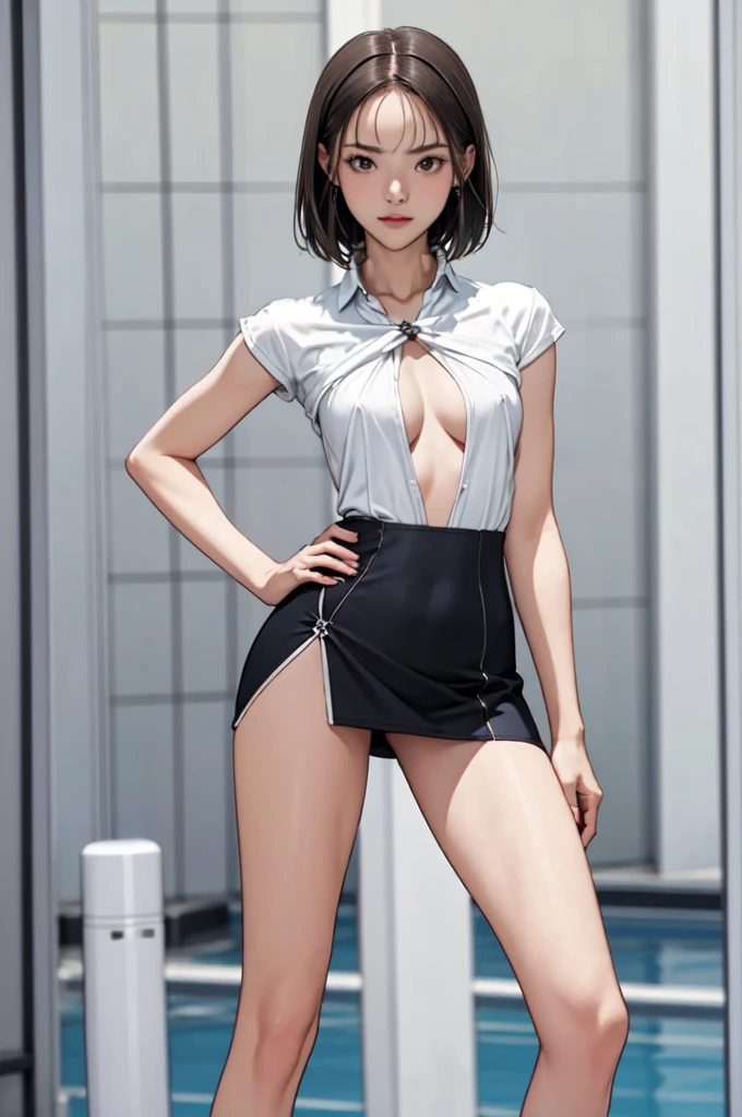 ((masterpiece, best quality)),((highres:1.2)), 1 Girl, solo, Blurred Background, (Straight Hair:1.2), Dress, (((Small breasts))), Thighs, pool, Groin, (slanted eyes), ((Special pose:1.2)), (short hair), leg lift, ((mini Pencilskirt:1.2))