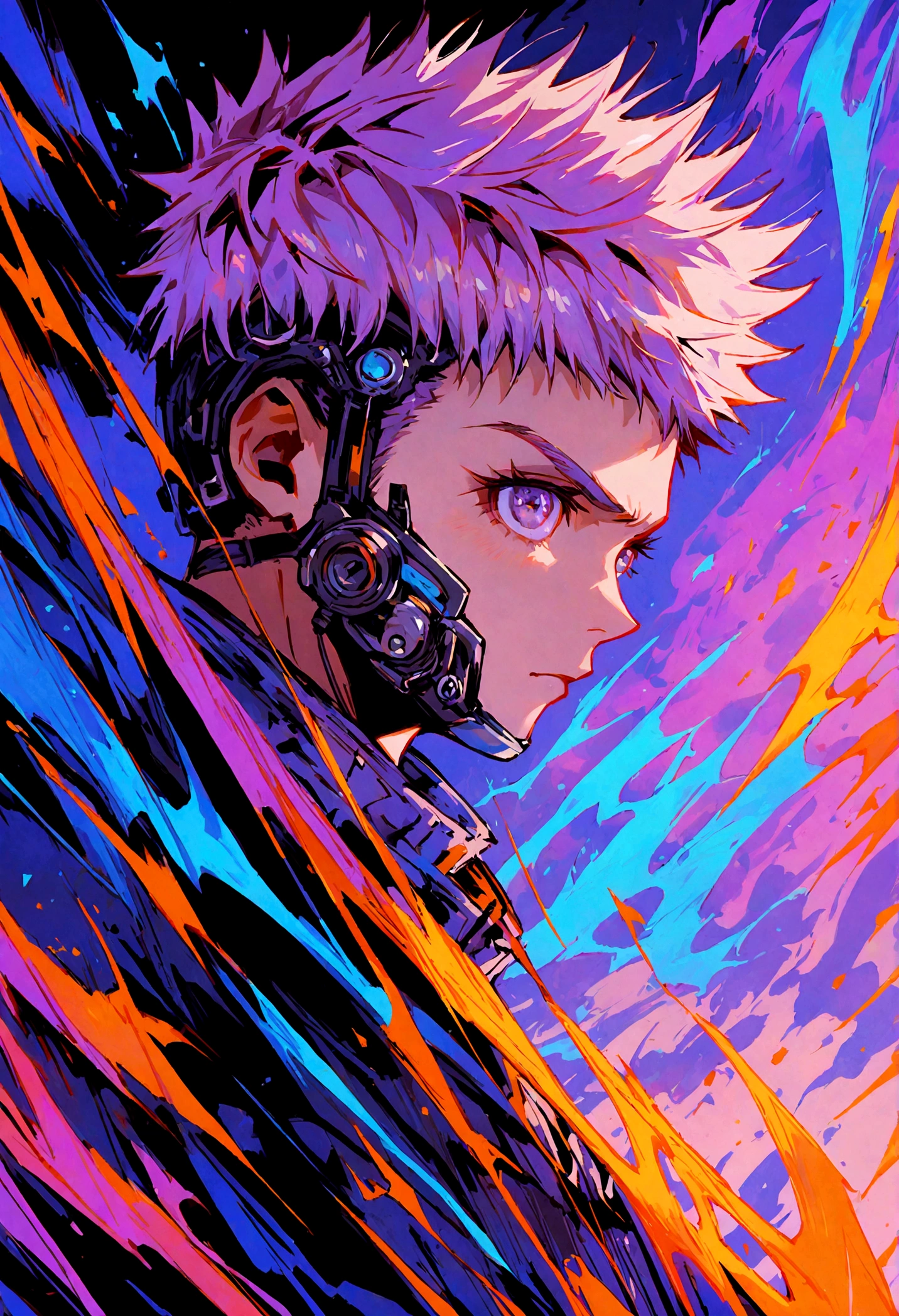 An expressionist-style painting depicting a male head in an abstract way. The old cassette tape is integrated into the image as part of the head itself, representing a fusion between retro technology and human creativity. The brushstrokes are bold and expressive, com cores vibrantes e contrastantes que criam uma atmosfera intensa e emocional. The cassette tape is detailed, with its mechanical parts and visible labels. The surrounding scene is chaotic, com pinceladas abstratas que remetem a diferentes formas de arte. The image is a visual representation of the creative chaos of an arts festival, where the boundaries between different forms of expression are challenged. --ar 16:9 --v 5
