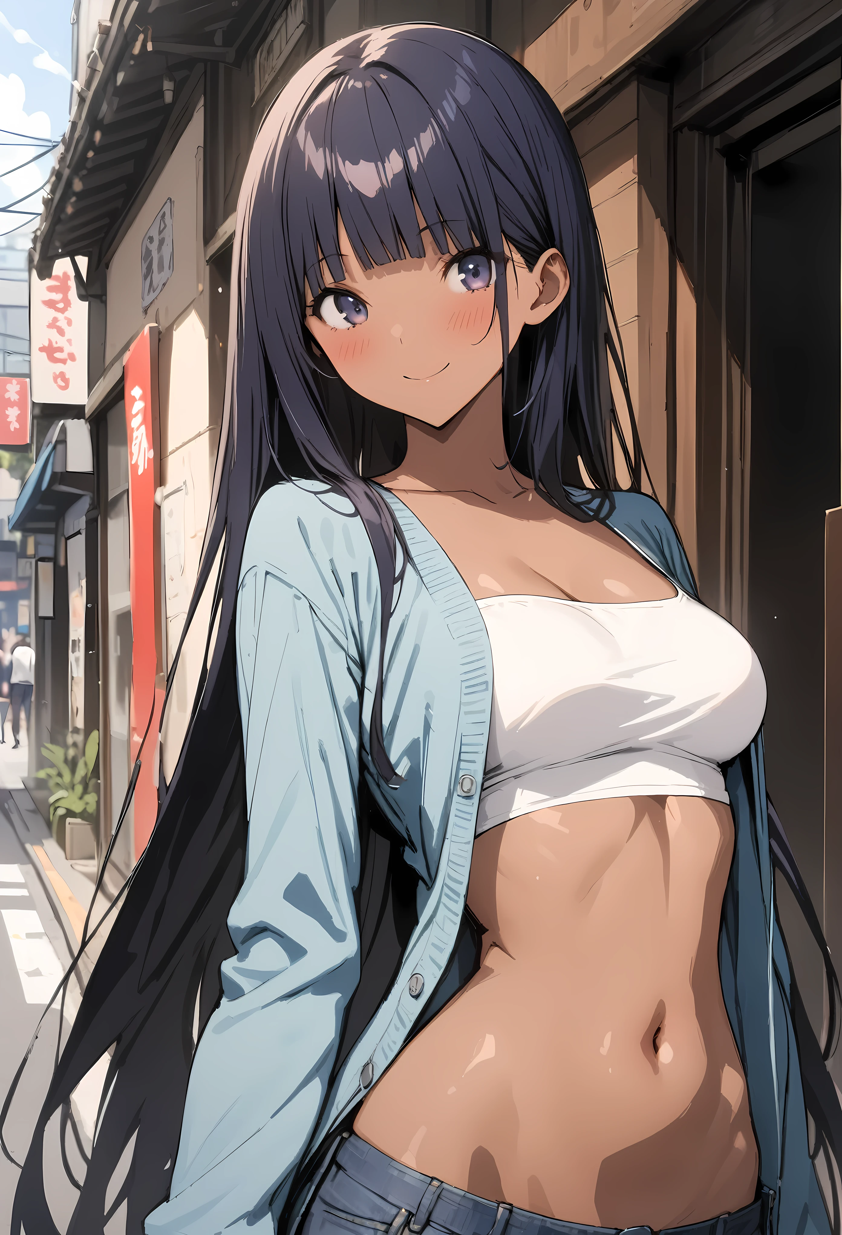 (((masterpiece, highest quality:1.3,Absurd))),25 year old beauty,alone,((very small head:1.2)),Long Hair,bangs,Dark blue hair,Dark blue eyes,Gorgeous eyes,blush,smile,Medium chest,((Very long body:1.2)),((Toned body,Slender body)),skinny,Sunburn,Glowing Skin,Shiny skin,((Denim hot pants)),((Dark Blue Cardigan、White tube top,belly button)),on the road,Tokyo、