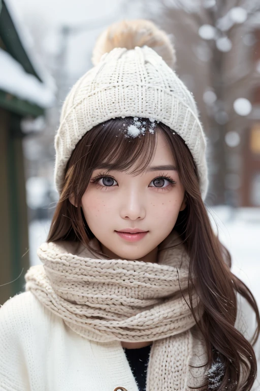 one girl, (a beauty girl, delicate girl:1.3), (22 years old:1.3),
break, (scarf, Knitted hat:1.3),
break, Definition of very fine particles, (Symmetrical eyes:1.3),
break, (Snow Scene:1.3),
break, Small breasts, Parted bangs, Brown Hair,  girl,
break, (Eye and facial details:1.0),
break, (masterpiece, highest quality, Very detailed, Detailed face, 8k)、smile:1.1、Look Up、High angle、Drooping eyes、freckles