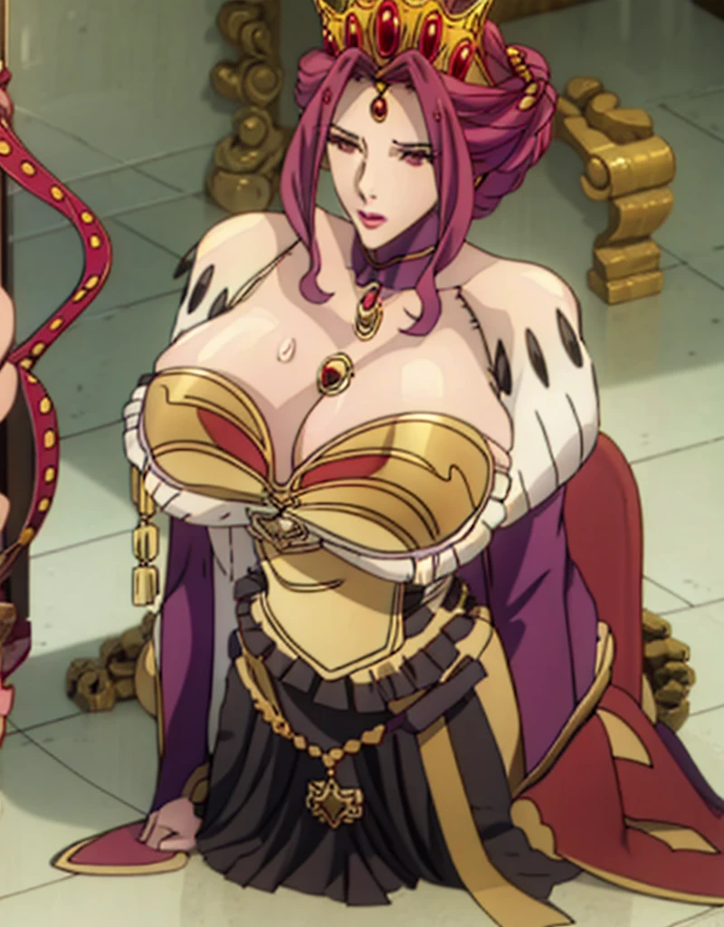 high resolution, 1 girl, ((bimbo))), crown with ruby, purple eyes, purple hair, puffy lips, painted lips, thick lips, wide hips, thick thighs, huge ass, sexy face, huge huge natural breasts, cleavage revealing, mature mother, soft breasts, sagging and thick breasts, shaking breasts, kneeling woman, full body, (elegant red dress) red stockings, red heels, sweaty body, ((giant, big floor-length breasts)) (((detailed face))) ((woman surrounded by tentacles, tentacles on belly))
