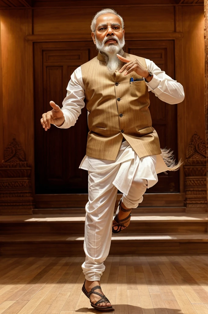Best quality, Masterpiece, Detailed beard and hair, Expressive clothes and eyes,Indian man, Narendra Modi, Dancing in the floor, Bjp logo