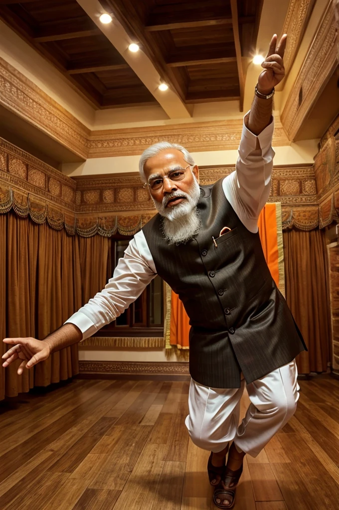 Best quality, Masterpiece, Detailed beard and hair, Expressive clothes and eyes,Indian man, Narendra Modi, Dancing in the floor, Bjp logo