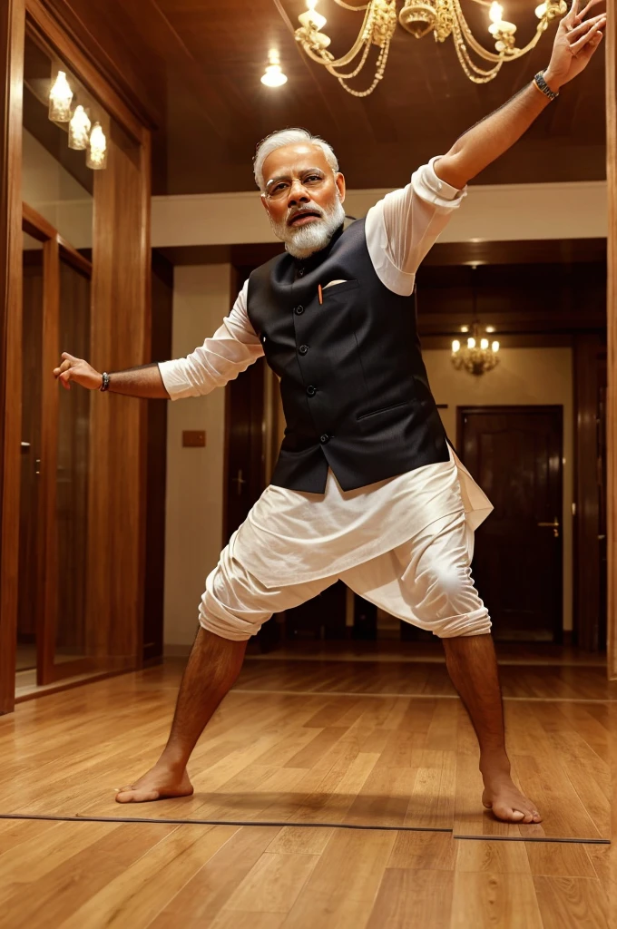 Best quality, Masterpiece, Detailed beard and hair, Expressive clothes and eyes,Indian man, Narendra Modi, Dancing in the floor, Bjp logo