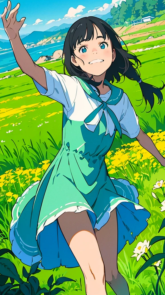 Reasonable design, Clear lines, High Sharpness, (highest quality,4k,Perfect sharpness,Ultra fine,High resolution,masterpiece:1.2), Perfect Anatomy:1.5, Official Art, Illustrations that tell a story, (Whitish background:0. 9）、Body Positivity、多Mr.な身体表現、（Random and energetic poses）、Perfect beauty、Perfect beautiful face、Strong winds、A rich expression、Dynamic composition、smile、Golden ratio composition、colorful、（(Mr.々Different angles and perspectives)）、Anime drawings、(Mini dress)、（Overcoming stereotypes）、 Glowing Skin、（Natural beauty）、smile、Bangs、（Soft and flowing hair）、（countryside）、（Nostalgic atmosphere）、Put up to your feet、（Playful and carefree）、（多Mr.な民族のキャラクター）、（innocent attitude）、（Sunny atmosphere）、(The skirt flutters wildly in the wind)、（Bright colors）、Beautiful Eyes、(Embarrassing)、Braided Hair、Summer Scene、