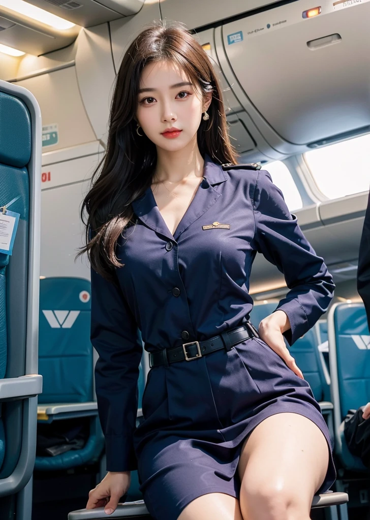 1 girl,Japanese,23 years old,woman,Brown long straight hair,Detail face,detailed lip,Details,More Skin,double eyelid,Wet body,perfect body,Trained abdominal muscles,Shiny skin,Highest quality,日本のwoman一人,diamond,Earrings,Like an airplane stewardess々Do a good job)、(Stewardess Uniform:1.2)、(Attractive body)、smile、Thighs Thighs Thighs Thighs, Exactly, Perfect Image Realism, background: (Business class aisle on airplane:1.2), Cowboy Shot, 細部までこだわったbackground, Detailed costume, Perfect lighting、Hyperrealism、(Photorealistic:1.4)、Maximum resolution 8K, (masterpiece), Very detailed, Professional