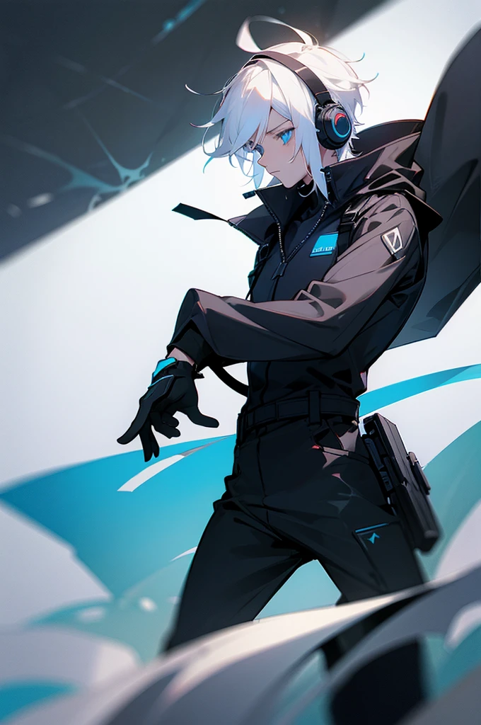 Young adult, Male, white hair, blue Eyes, Dark Skined, black jumpsuit, headphones, Armed.