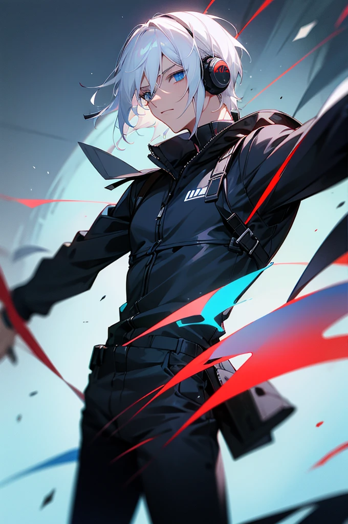 Young adult, Male, white hair, blue Eyes, Dark Skined, black jumpsuit, headphones, Armed.
