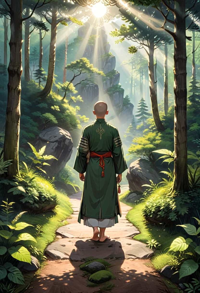 (Back View:1.2), A practitioner in the mountains, in the early morning forest, mist permeates, and the sunlight shines through the tree tops, casting mottled shadows. The sound of birds chirps one after another, and the air is filled with the fresh scent of soil and pine needles. A practitioner wearing a simple monk robe, barefoot on a bluestone path, holding a prayer bead and meditating with closed eyes. He was slowly walking along the mountain road, each step appearing so calm and leisurely, as if blending with nature, and his soul had an unprecedented peace of mind, (masterpiece, best quality, Professional, perfect composition, very aesthetic, absurdres, ultra-detailed, intricate details:1.3)