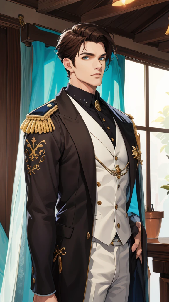(absurdres, highres, ultra detailed), (1 male, solo, adult, mature, aged up, tall muscular guy, broad shoulders, handsome), wavy brown hair, green eyes, (angular jaw, thick neck, thick eyebrows), BREAK, forest, fantasy, Uniform, extremely detailed face, upper body, He is a young man with white skin, dotted with delicate freckles that focus on her nose and cheekbones, conferindo-lhe um ar de jovialidade e charme. Seus cabelos ruivos, intensos e vibrantes, are one of its most striking characteristics. Hair is combed to the side, revelando uma testa limpa e um olhar penetrante, and grows longer at the back, criando um visual estiloso e distintivo.The eyes are a deep dark blue, como o oceano em dias de tempestade, contrastando de forma cativante com a palidez de sua pele. Your face has angelic features, with soft, well-defined features, that exude an almost ethereal beauty.He is tall and slender, com um corpo magro mas surpreendentemente bem definido, suggesting a hidden strength beneath the delicate appearance. Your clothes are always tight, molding perfectly to the body's lines, destacando sua silhueta esbelta e elegante. Every piece of clothing seems chosen to accentuate your figure, giving it a striking and undeniably attractive presence.