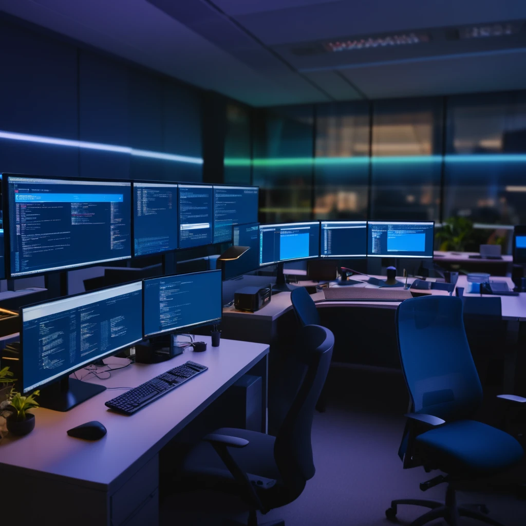 several computer screens on several desks in an office that (all say "Click To Refresh"). dark  cluttered Office environment. 