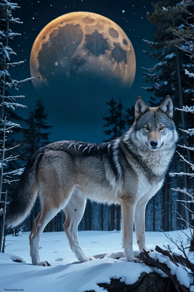 A wolf howls at the moon in the woods