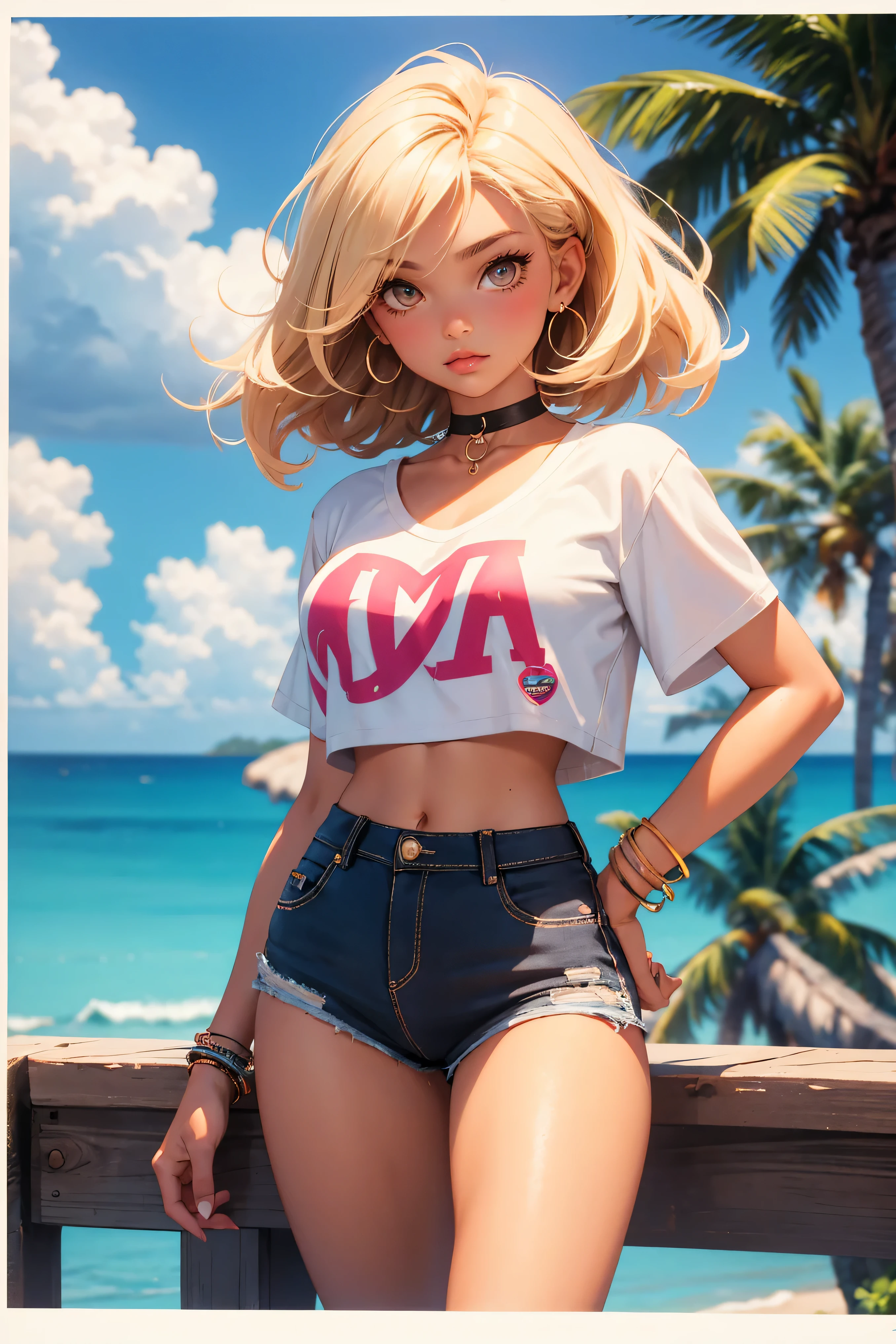 age girl-model 18 years old, beautiful, tanned, blonde, bob hair, bangs, brown eyes, beautiful figure, girl wearing crop shirt and too short mini shorts, beautiful long legs, slave bracelets, slave choker, manicure, cute makeup, flirtatiously posing, hot summer, hot flirty, sexysing, summer outfit, top quality, higest quality, pin-up style, retro 80s style, Daisy Dukes style, Miami vibes,