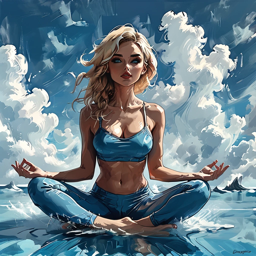 
((side view)), girl sitting on the surface of the water against the background of clouds, open mouth, surprise,
 sitting on the water, side view girl sits in the lotus position, cloud, sea line, only water and clouds,
girl in blue Half top wrestler and blue Elastic shorts look at the side, adult, [Nordic], Hourglass elongated fitness body, perfect Olive skin, Oval Face, Long neck, Rounded shoulders, perfect hand,  Attached Pointed ears, round forehead, Short blonde Waves pixie hair, snub nose, Arched eyebrows, Monolid blue Eyes, High Round Narrow cheekbones, Dimpled Cheeks, Rounded Chin, Rounded Jawline, Fine Puppet Wrinkles, Full nude Lips, (blue eyes), Nude Makeup Look, long eyelashes,  third breast size,  
 graphic style of novel comics, 
2d, 8k, iMax, hyperrealism, masterpiece, high resolution, best quality, ultra-detailed, super realistic, Hyperrealistic art, high-quality, ultra high res, highest detailed, lot of details, Extremely high-resolution details, incredibly lifelike, colourful, 