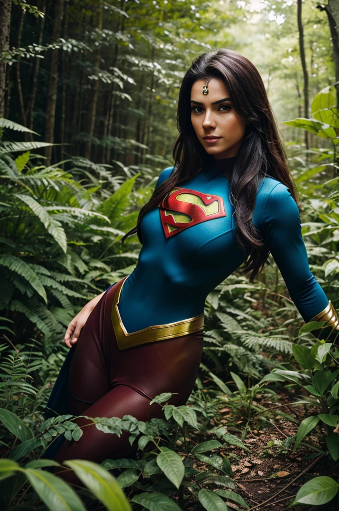 Hermosa mujer corta cabello negro definido cuerpo grandes pechos, usando cosplay de Supergirl, pecho desnudo, sudando. desnuda, sumisa, cuerpo completo, toma lejos. en el bosque con niebla con poca luz atardecer.