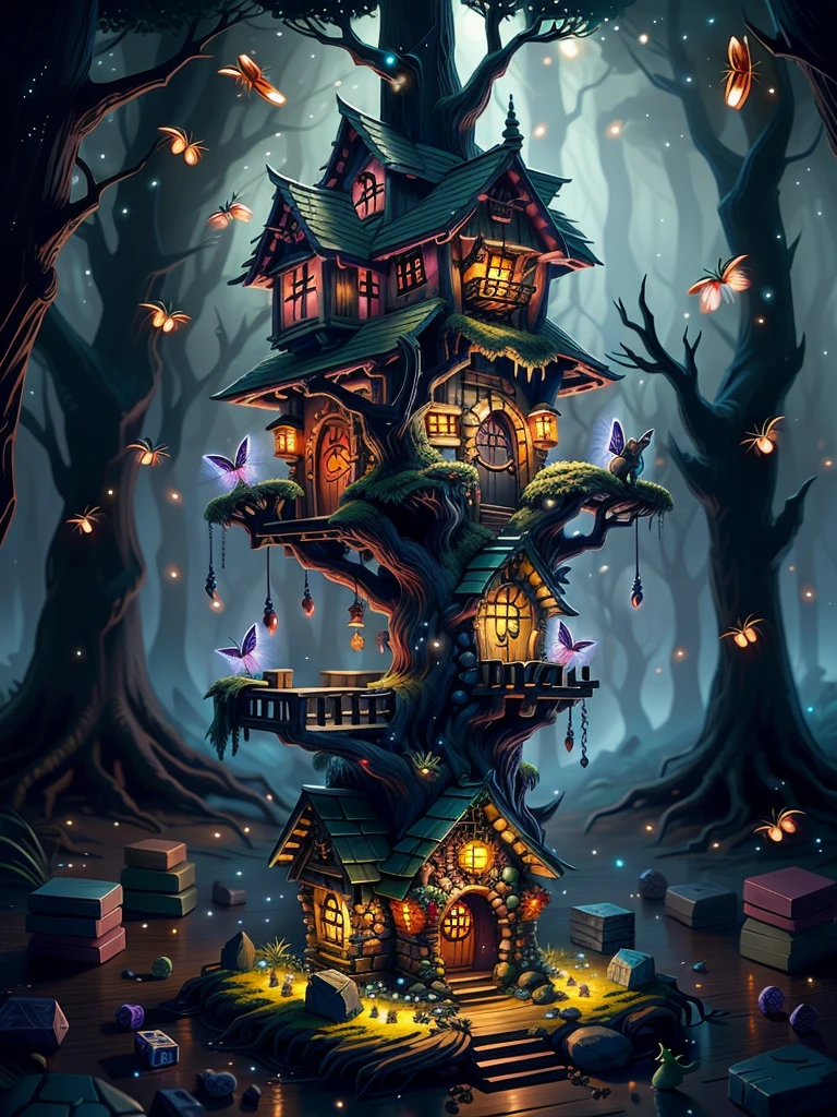 most beautiful dice tower, made of stones and wood, dice tower design, cute miniature style, (forest fireflies fantasy fairy house), (midnight), (Irregular), (mysterious), dreamy, disney, vector, ultra detailed, extremely realistic, dungeons and dragons, OverallDetailXL