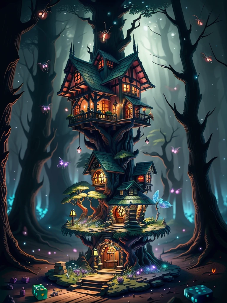 most beautiful dice tower, made of stones and wood, dice tower design, cute miniature style, (forest fireflies fantasy fairy house), (midnight), (Irregular), (mysterious), dreamy, disney, vector, ultra detailed, extremely realistic, dungeons and dragons, OverallDetailXL