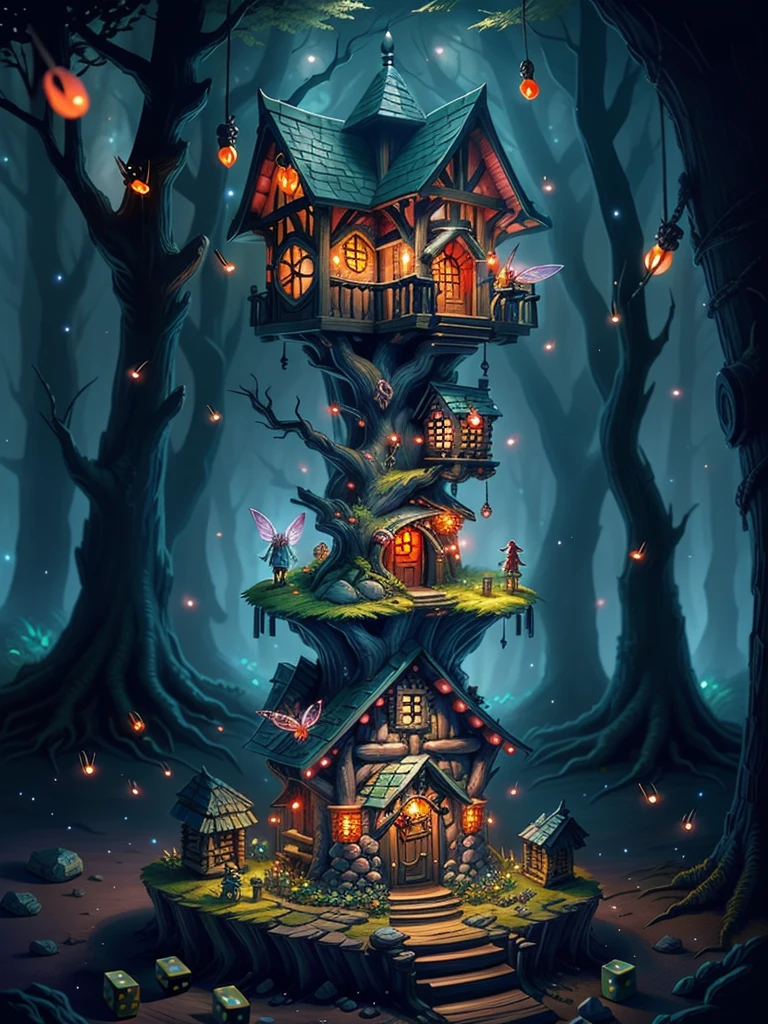 most beautiful dice tower, made of stones and wood, dice tower design, cute miniature style, (forest fireflies fantasy fairy house), (midnight), (Irregular), (mysterious), dreamy, disney, vector, ultra detailed, extremely realistic, dungeons and dragons, OverallDetailXL