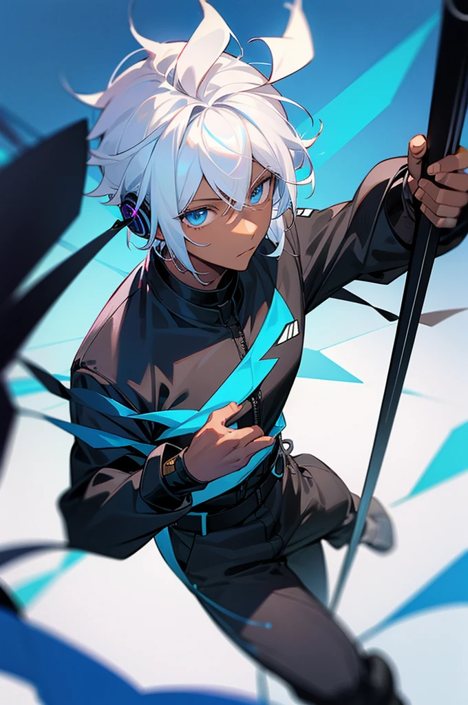 Young adult, Male, white hair, blue Eyes, African American Dark skin color, black jumpsuit, headphones, Trion Body, Armed.