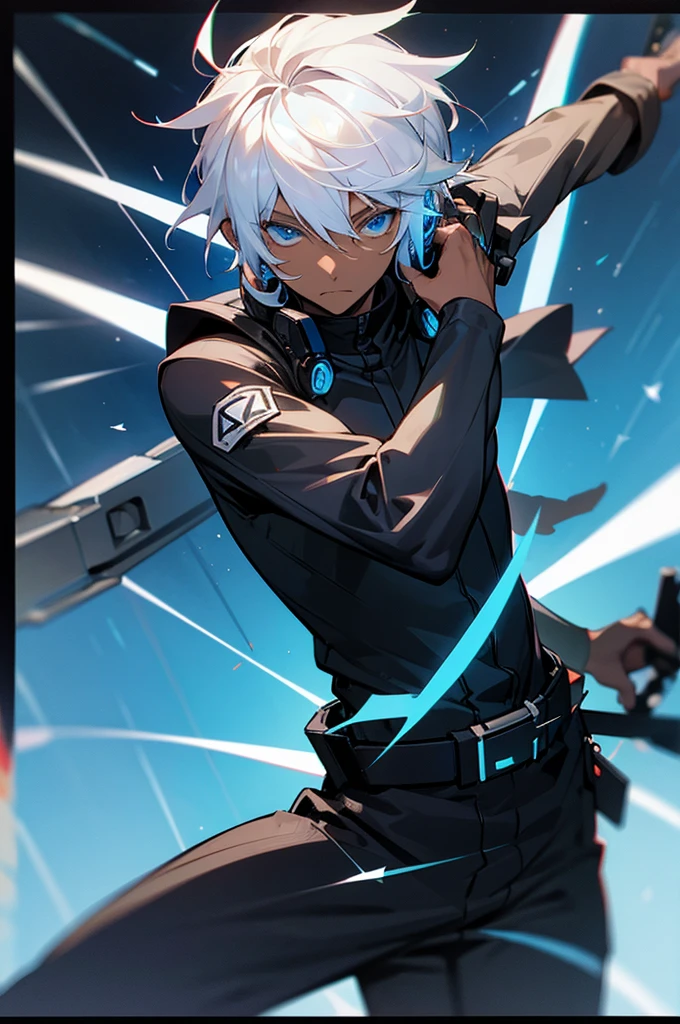 Young adult, Male, white hair, blue Eyes, African American Dark skin color, black jumpsuit, headphones, Trion Body, Armed.