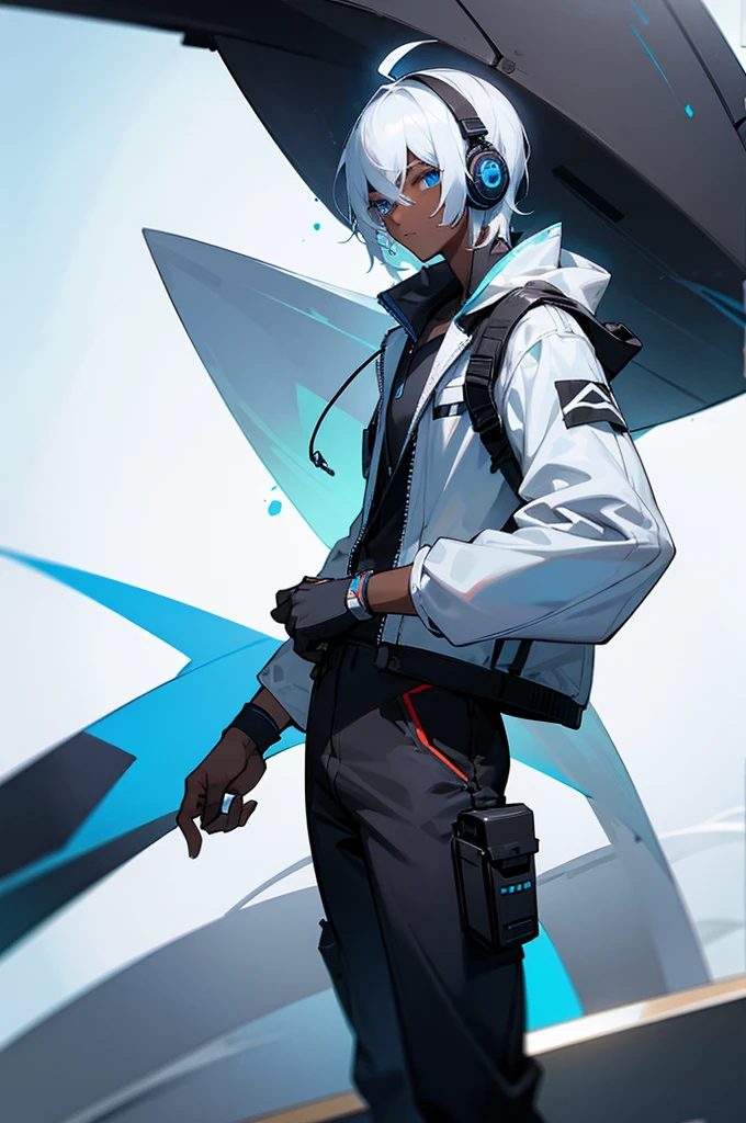 Young adult, Male, white hair, blue Eyes, African American  Dark skin color, black jumpsuit, headphones, Trion Body, Armed.