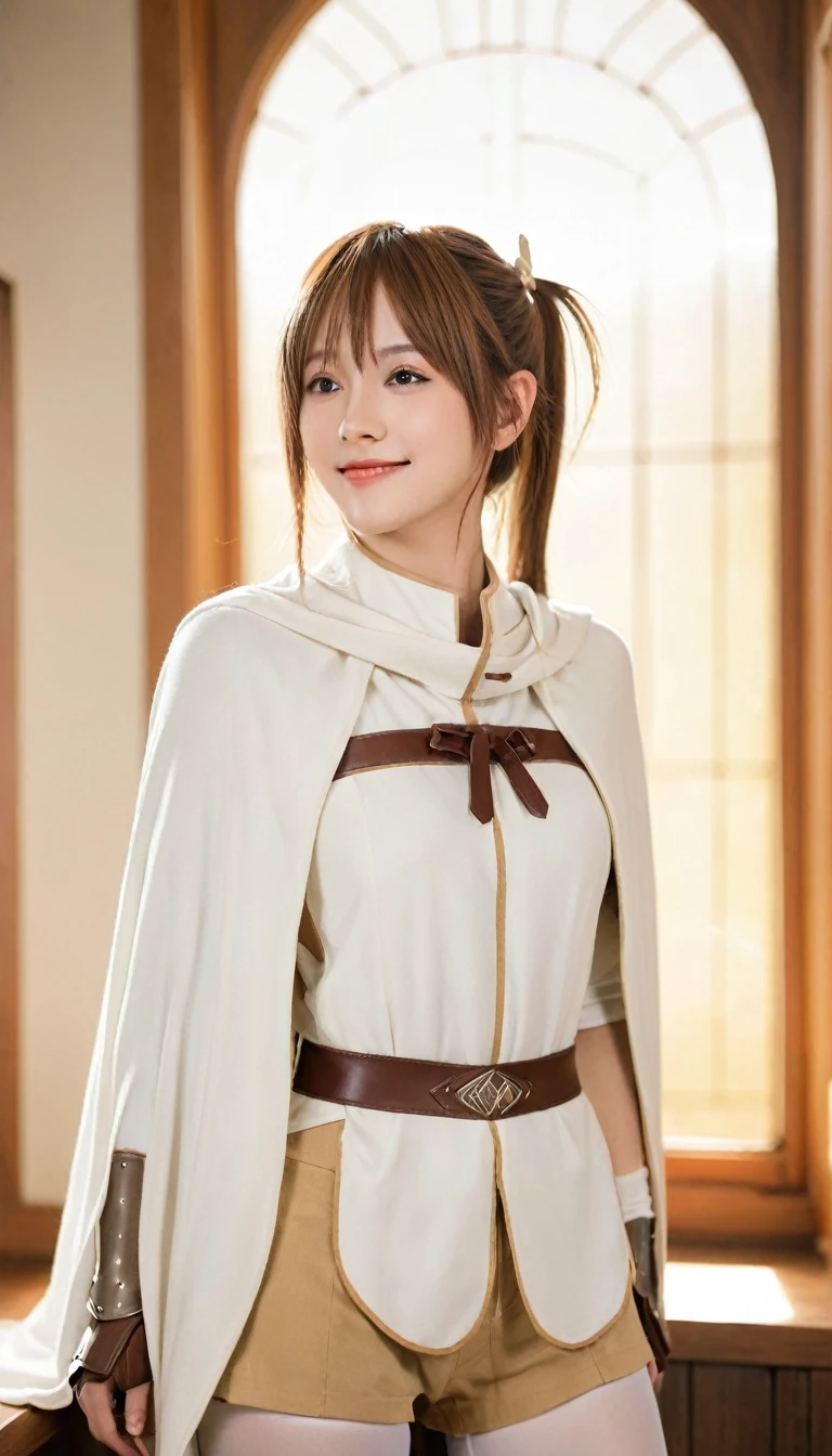 Asuna, Asuna_(Star), (1 Girl,Solitary) ,fantasy, High resolution, No.19, The original, (Wear at waist:1.3), Smile, (White Knight Wizard Cape:1.5), short hair, Medium breasts, looking at the audience, Bangs ,Delicate hazel eyes, Beautiful background, ((morning sun,Western-style private room)), Put your hands on your chest,(brown hair,Short Ponytail:1.5), (Platinum Knight Wizard Fully Armored:1.55),short hair, permanent,straight on, Abeke,(whole body:1.1), White stockings,(Abeke:1.4),