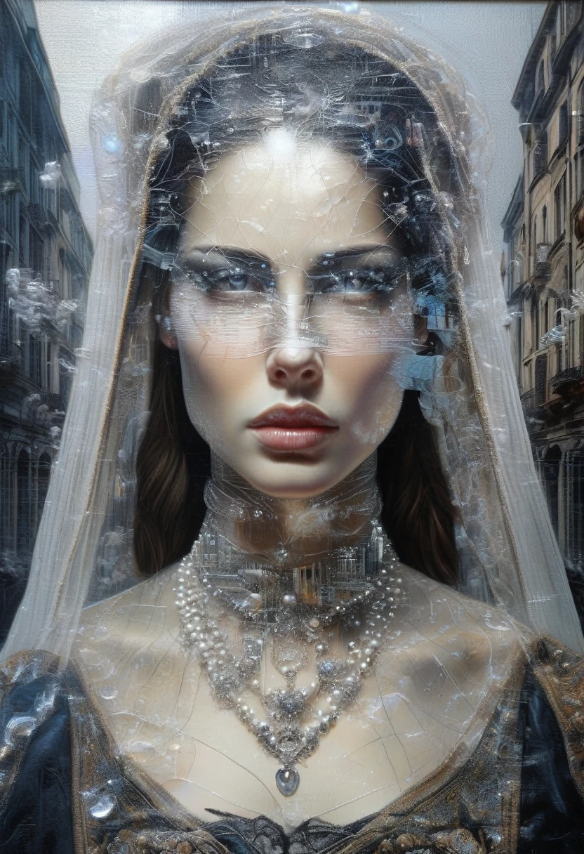 4D-Doppelbelichtung: Portrait of ((Transparent woman with double exposure of futuristic city streets in head)), In the background the city in Renaissance costume, Oil painting, 3/4 Profilansicht, beautiful pearl necklace, luxurious fabrics, detaillierte Stickereien, Stimmungsvolle Hell-Dunkel-Beleuchtung, high resolution